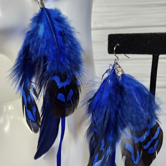 Boho Long Royal Blue Real Feather Earrings - Picture 4 of 7